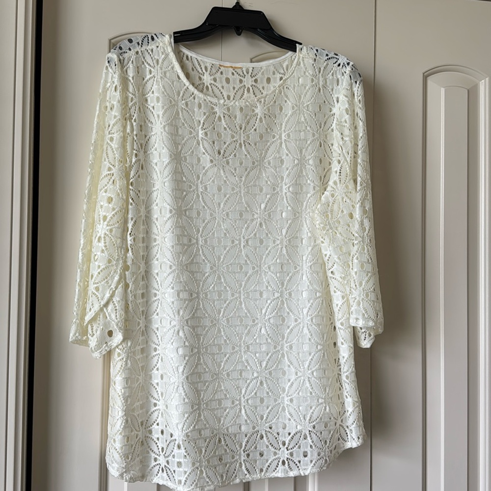 Women's Crochet Knit Ivory Blouse with 3/4 Sleeves and Tank Top | Plus Size XL